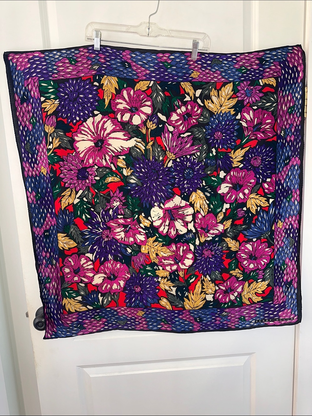 Vintage Very, Very Large Perry Ellis Floral Square Silk Scarf in Purple & Pink